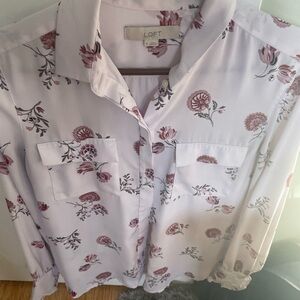 LOFT White and Pink Floral Blouse